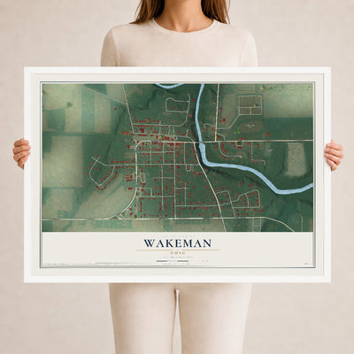 Map of Wakeman, Ohio, 24 x 36 inch print in a white wood frame