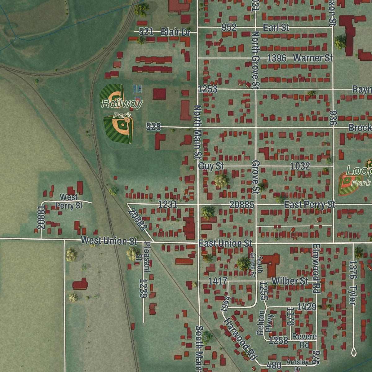 Close-up of the map of Walbridge, Ohio print showing street and building detail