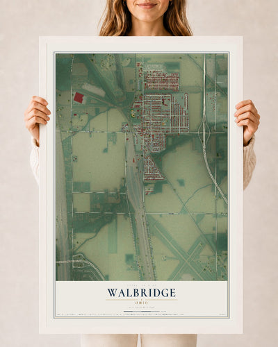 Map of Walbridge, Ohio, 24 x 36 inch print in a white wood frame
