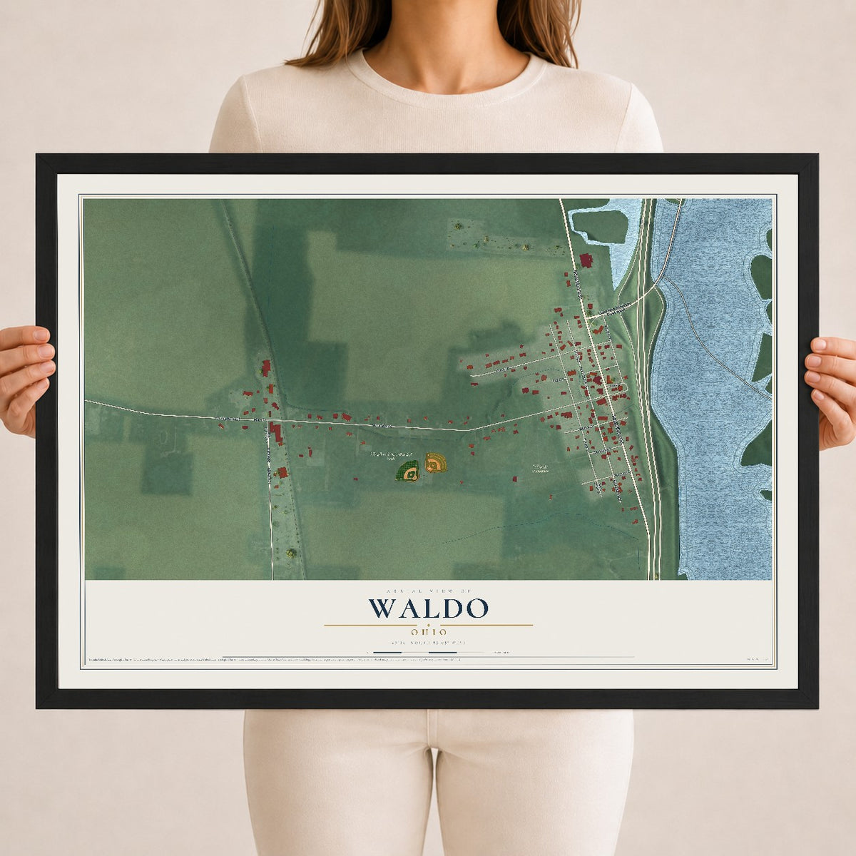 Map of Waldo, Ohio, 18 x 24 inch print in a black wood frame