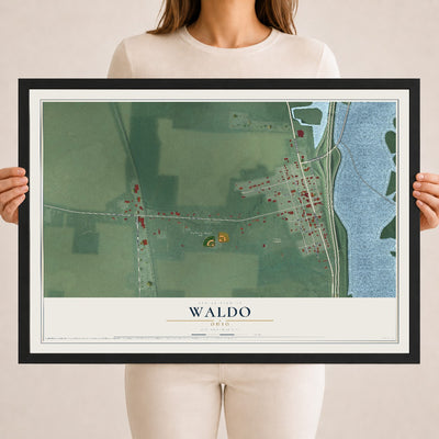 Map of Waldo, Ohio, 18 x 24 inch print in a black wood frame