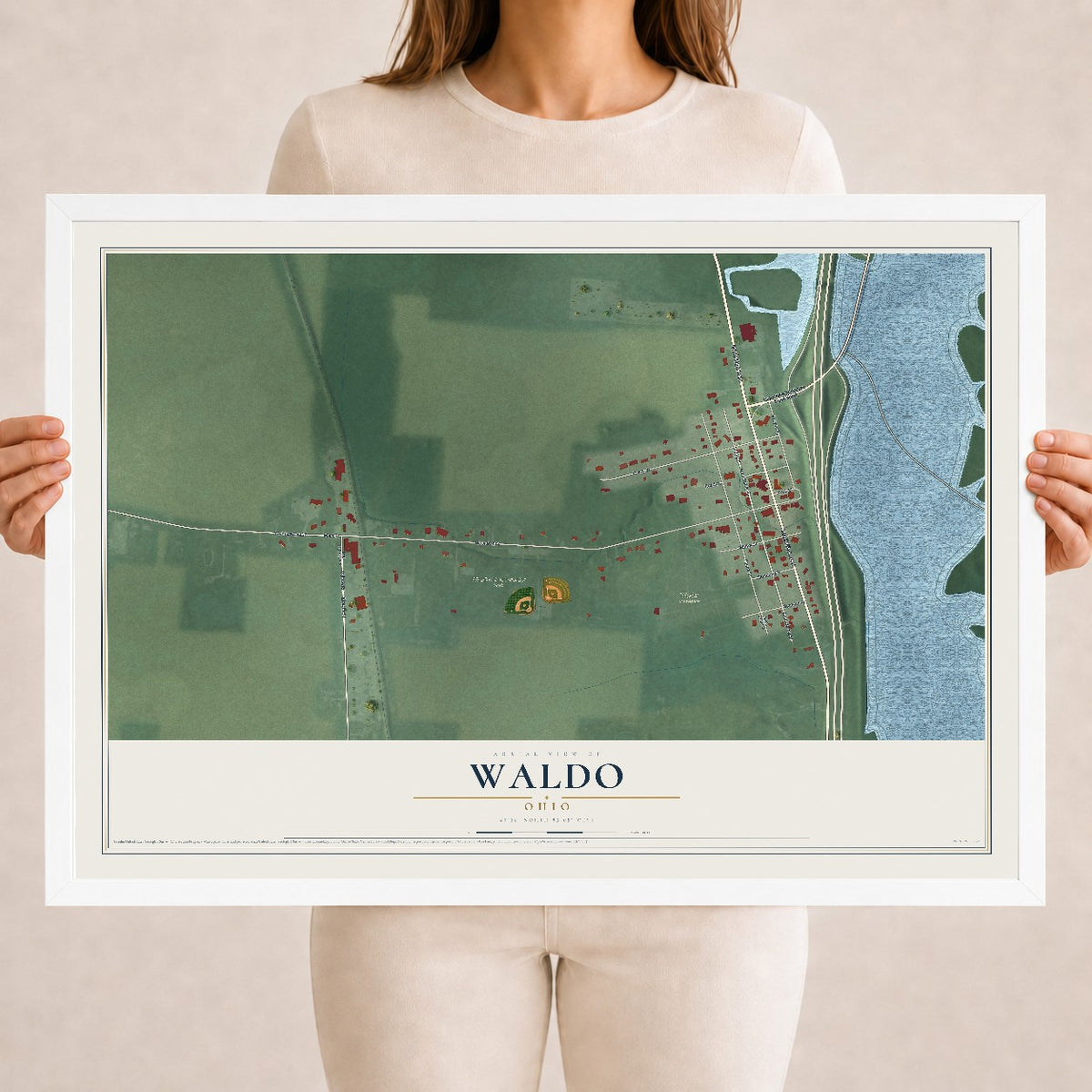 Map of Waldo, Ohio, 18 x 24 inch print in a white wood frame