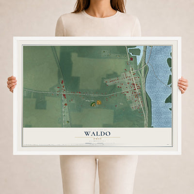 Map of Waldo, Ohio, 24 x 36 inch print in a white wood frame