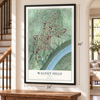 Walnut Hills, Ohio map, 24 x 36 inch print in a black frame by a staircase