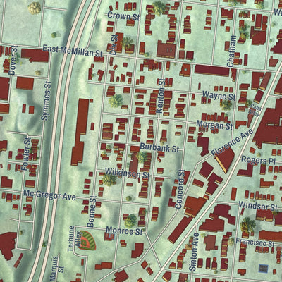 Close-up of the map of Walnut Hills, Ohio print showing street and building detail