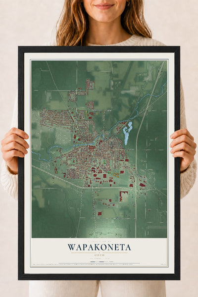 Map of Wapakoneta, Ohio, 18 x 24 inch print in a black wood frame