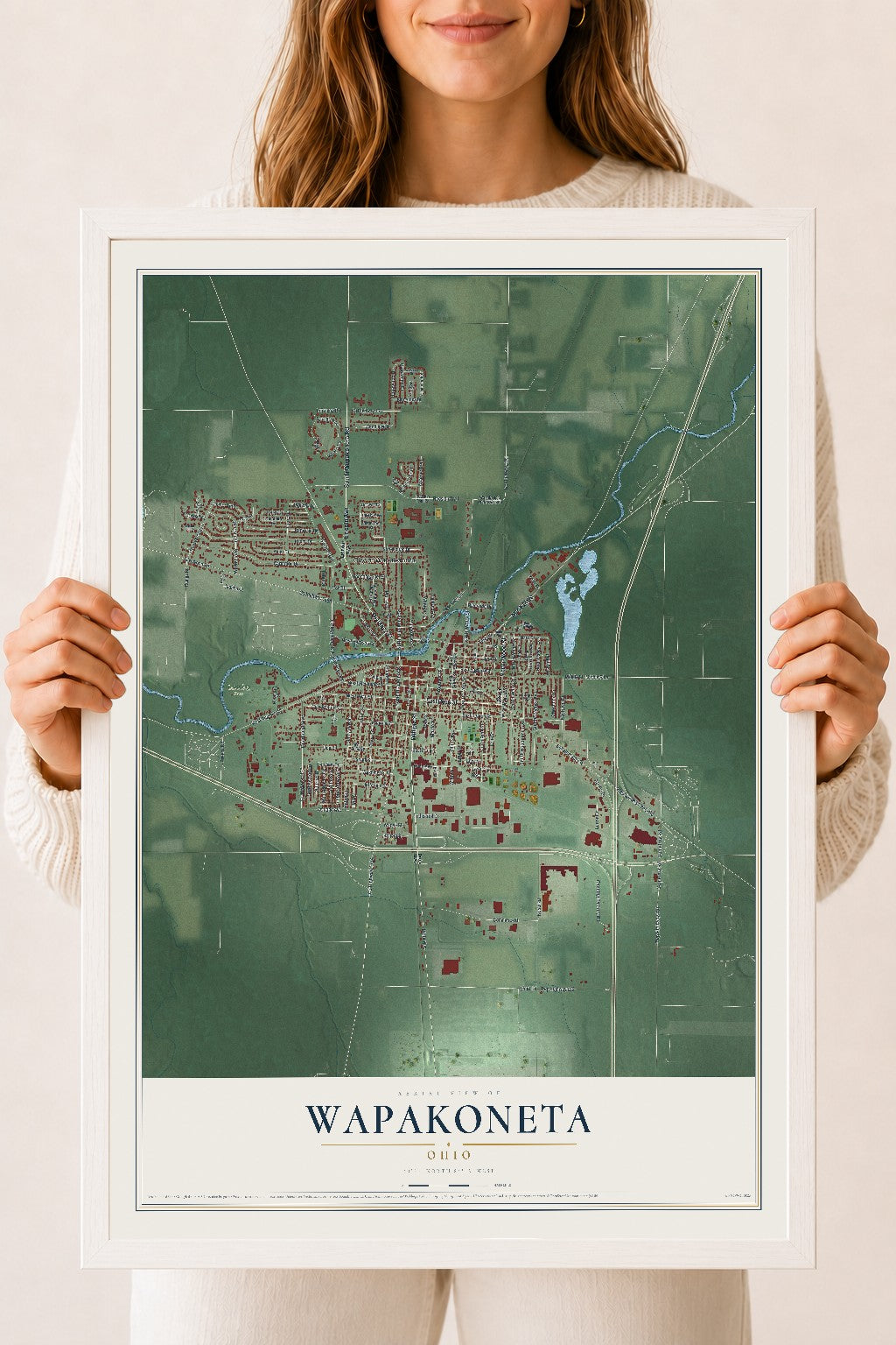 Map of Wapakoneta, Ohio, 18 x 24 inch print in a white wood frame