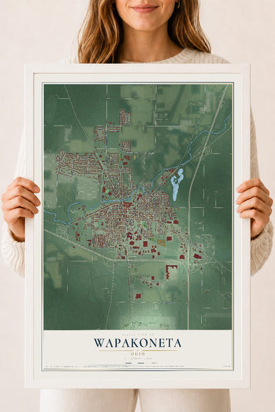 Map of Wapakoneta, Ohio, 18 x 24 inch print in a white wood frame
