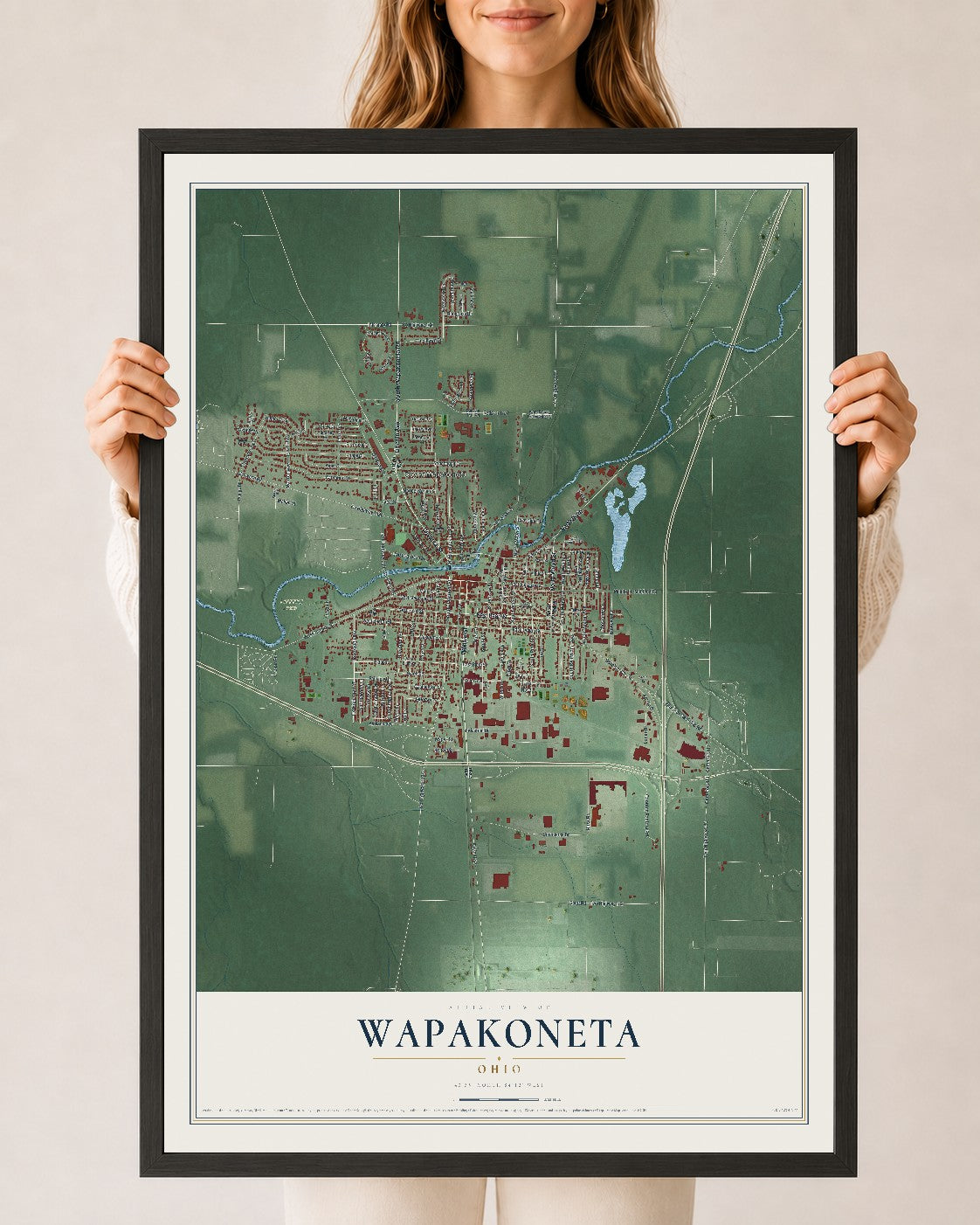 Map of Wapakoneta, Ohio, 24 x 36 inch print in a black wood frame