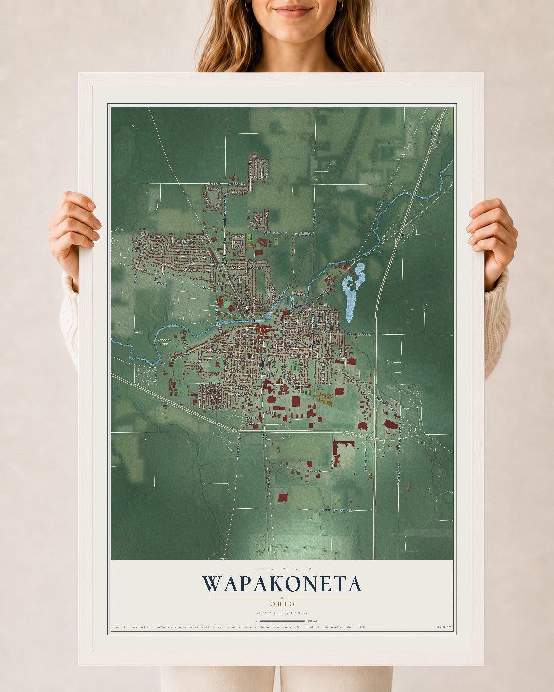 Map of Wapakoneta, Ohio, 24 x 36 inch print in a white wood frame