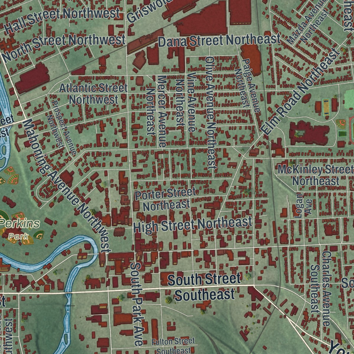 Close-up of the map of Warren, Ohio print showing street and building detail