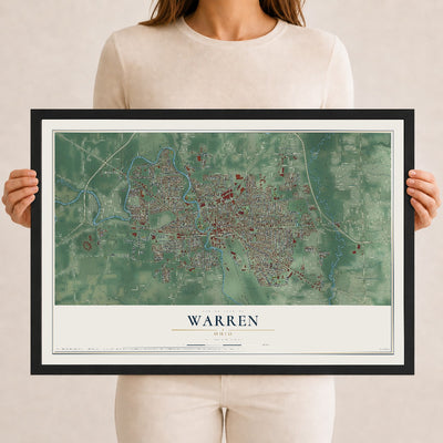 Map of Warren, Ohio, 12 x 18 inch print in a black wood frame