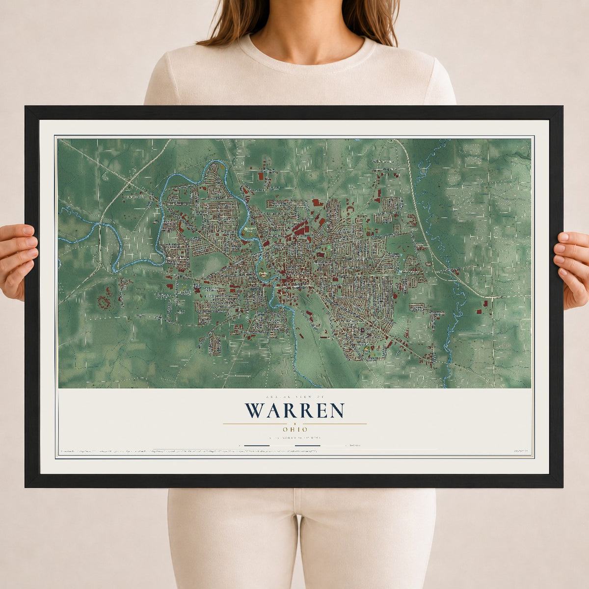 Map of Warren, Ohio, 18 x 24 inch print in a black wood frame