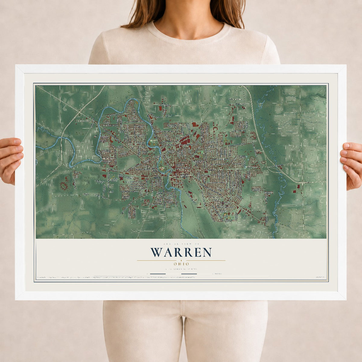 Map of Warren, Ohio, 18 x 24 inch print in a white wood frame