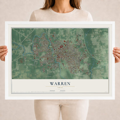 Map of Warren, Ohio, 18 x 24 inch print in a white wood frame
