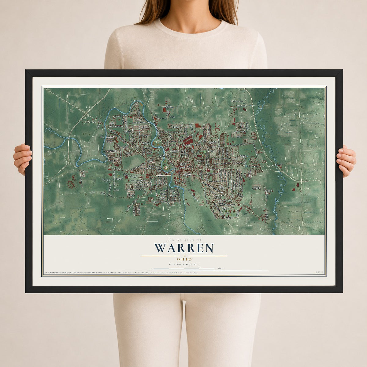 Map of Warren, Ohio, 24 x 36 inch print in a black wood frame