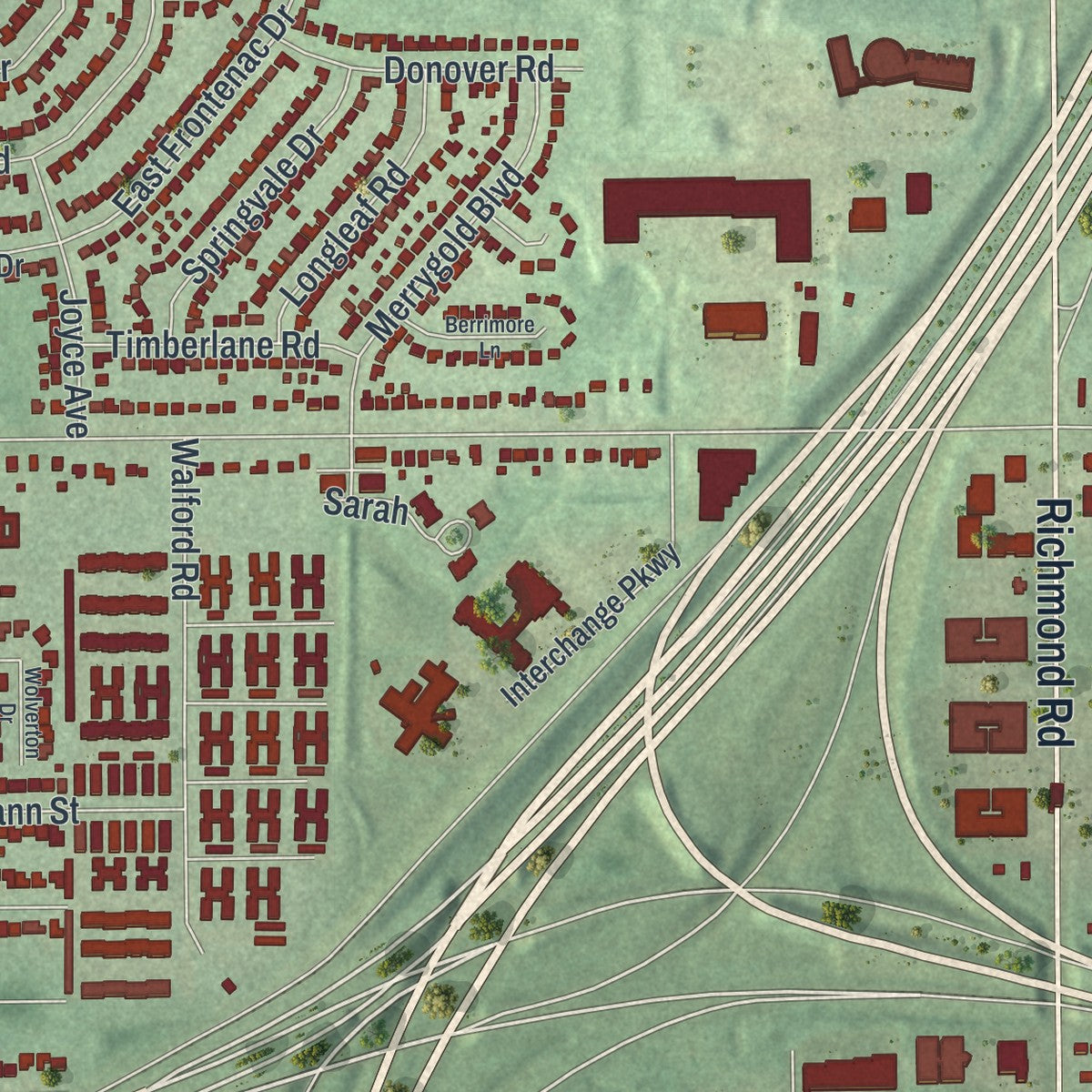 Close-up of the map of Warrensville Heights, Ohio print showing street and building detail