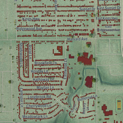 Second close-up of the map of Warrensville Heights, Ohio print showing more streets and buildings
