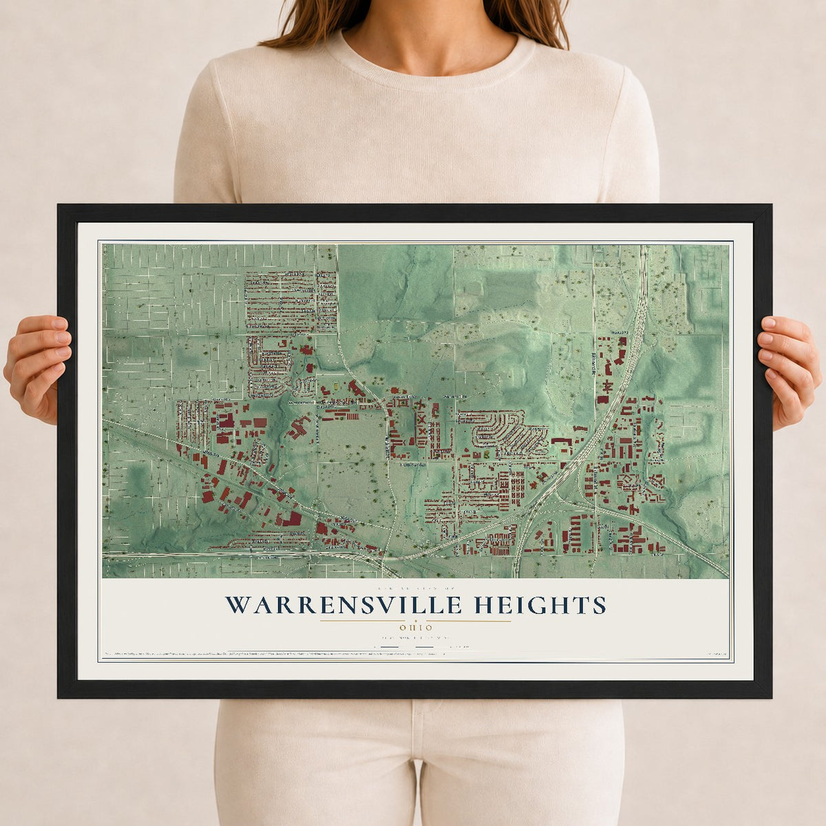 Map of Warrensville Heights, Ohio, 12 x 18 inch print in a black wood frame