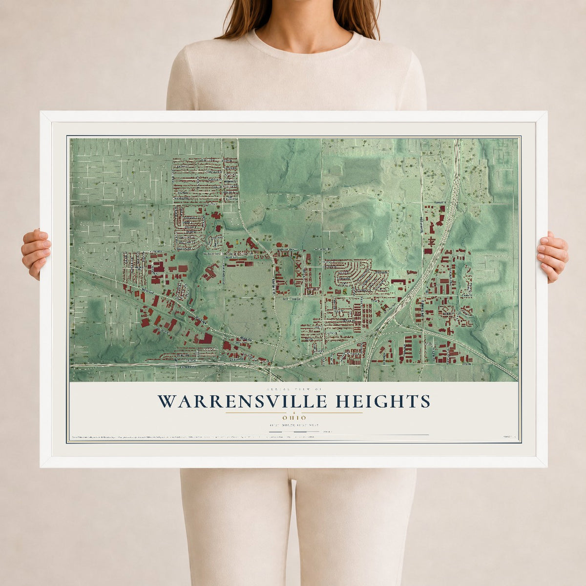 Map of Warrensville Heights, Ohio, 24 x 36 inch print in a white wood frame