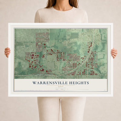 Map of Warrensville Heights, Ohio, 24 x 36 inch print in a white wood frame