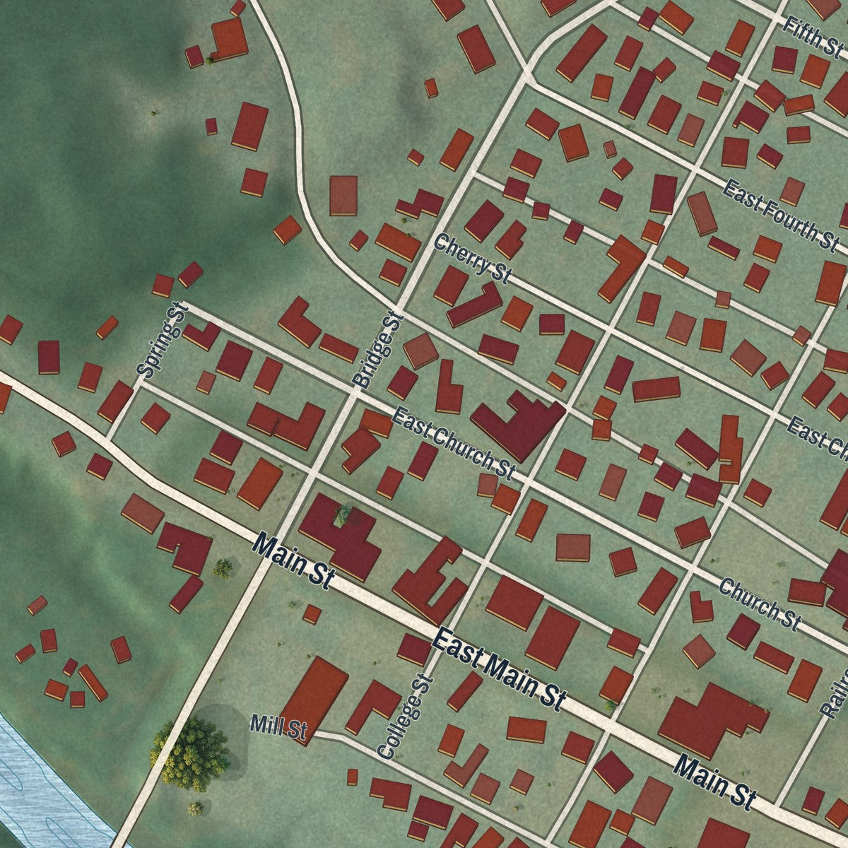 Close-up of the map of Warsaw, Ohio print showing street and building detail