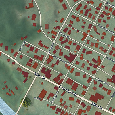 Close-up of the map of Warsaw, Ohio print showing street and building detail