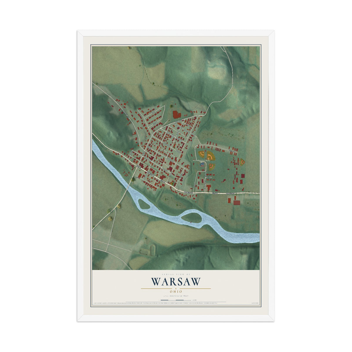 Map of Warsaw, Ohio, 12 x 18 inch print in a white wood frame
