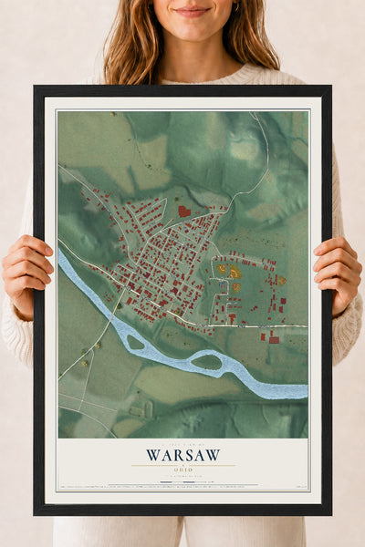 Map of Warsaw, Ohio, 18 x 24 inch print in a black wood frame