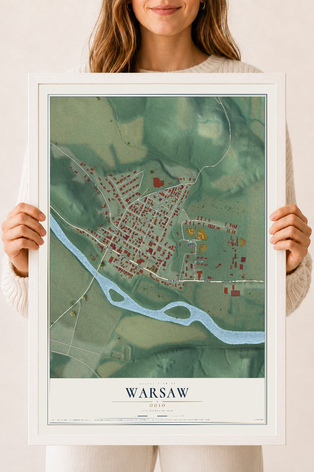 Map of Warsaw, Ohio, 18 x 24 inch print in a white wood frame
