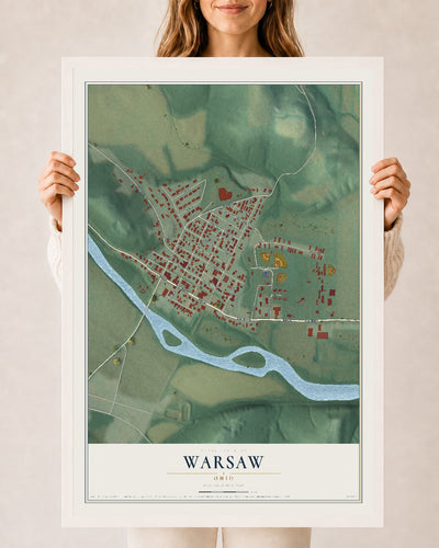 Map of Warsaw, Ohio, 24 x 36 inch print in a white wood frame