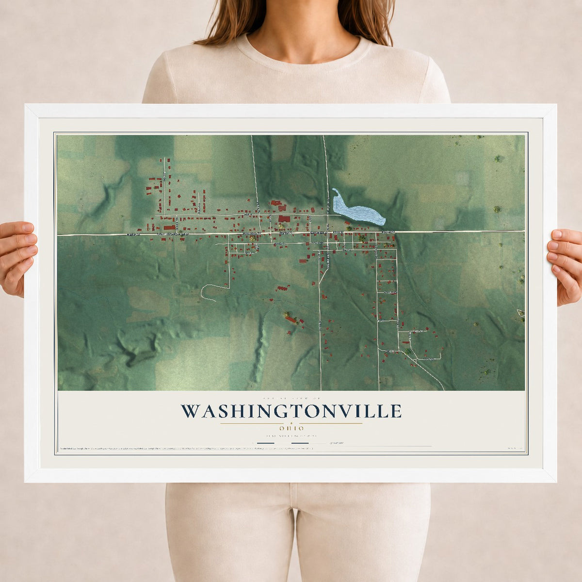 Map of Washingtonville, Ohio, 18 x 24 inch print in a white wood frame
