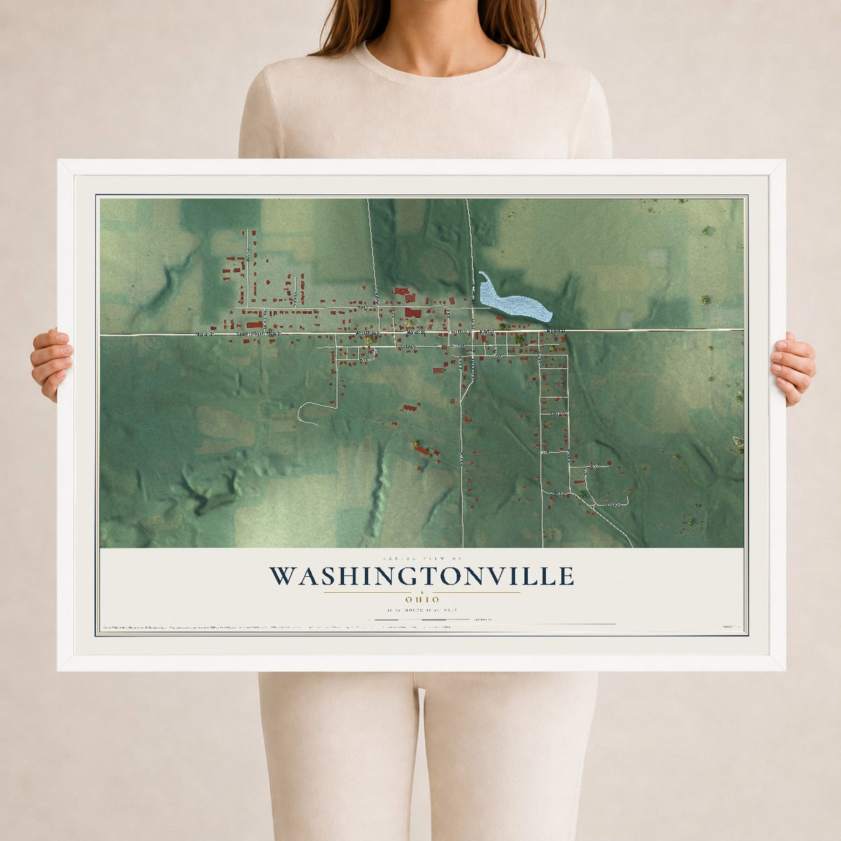 Map of Washingtonville, Ohio, 24 x 36 inch print in a white wood frame
