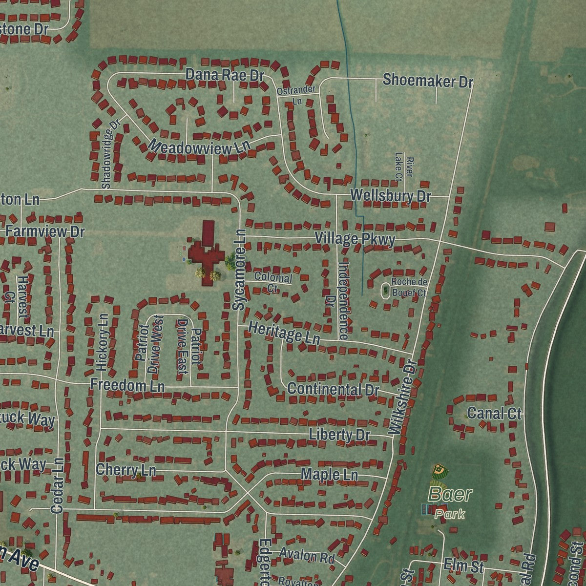 Close-up of the map of Waterville, Ohio print showing street and building detail