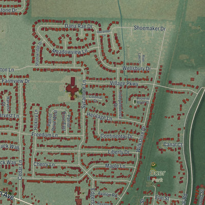 Close-up of the map of Waterville, Ohio print showing street and building detail