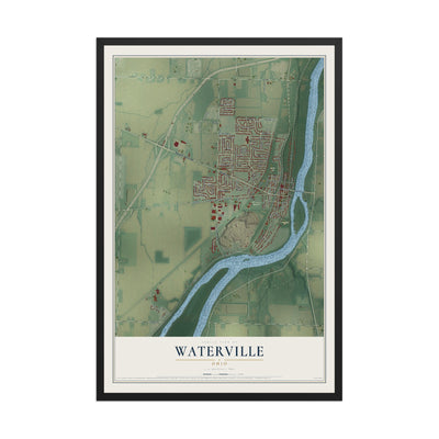 Map of Waterville, Ohio, 12 x 18 inch print in a black wood frame
