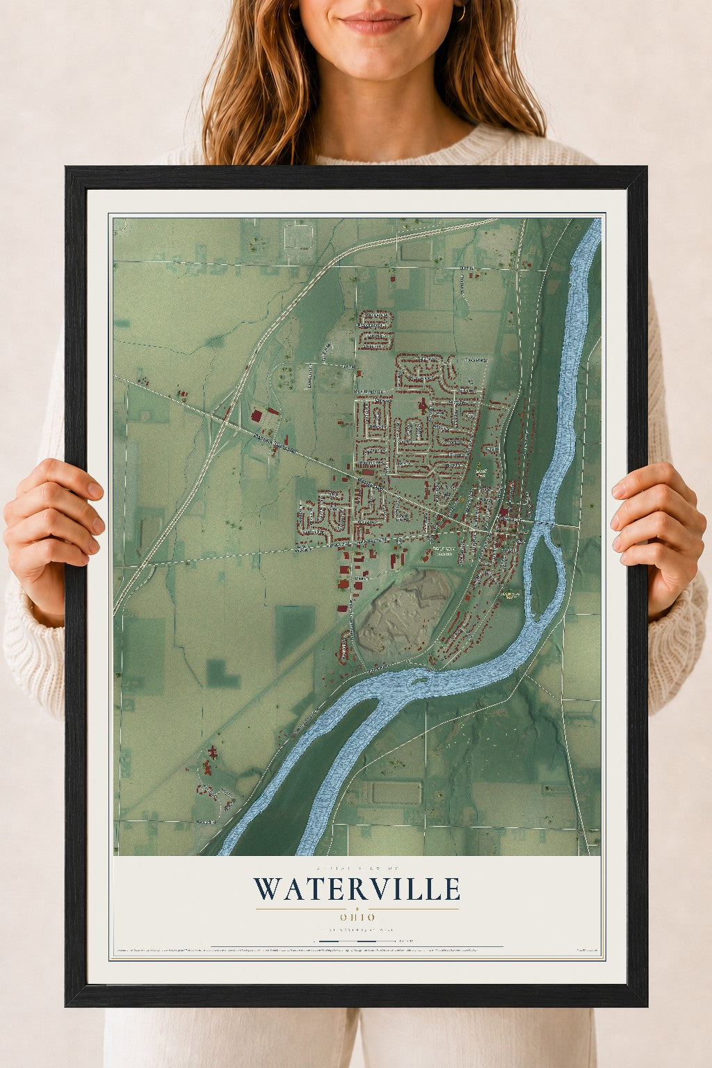 Map of Waterville, Ohio, 18 x 24 inch print in a black wood frame