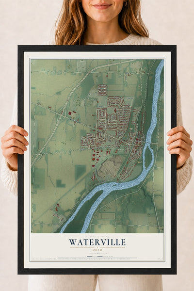 Map of Waterville, Ohio, 18 x 24 inch print in a black wood frame