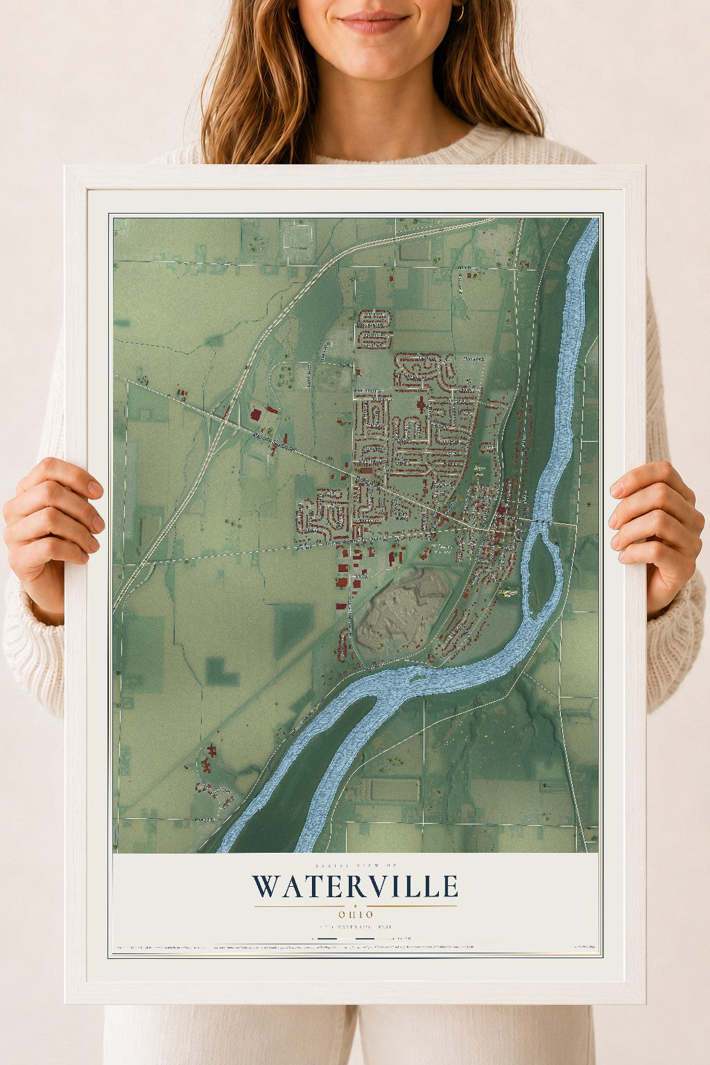 Map of Waterville, Ohio, 18 x 24 inch print in a white wood frame