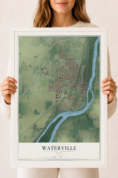 Map of Waterville, Ohio, 18 x 24 inch print in a white wood frame