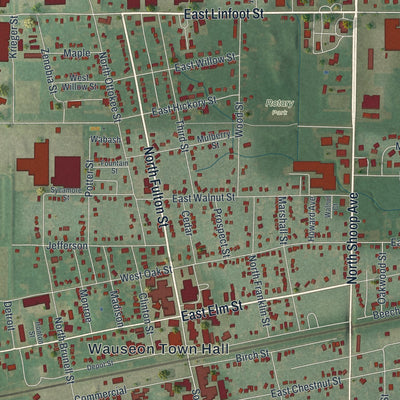Close-up of the map of Wauseon, Ohio print showing street and building detail