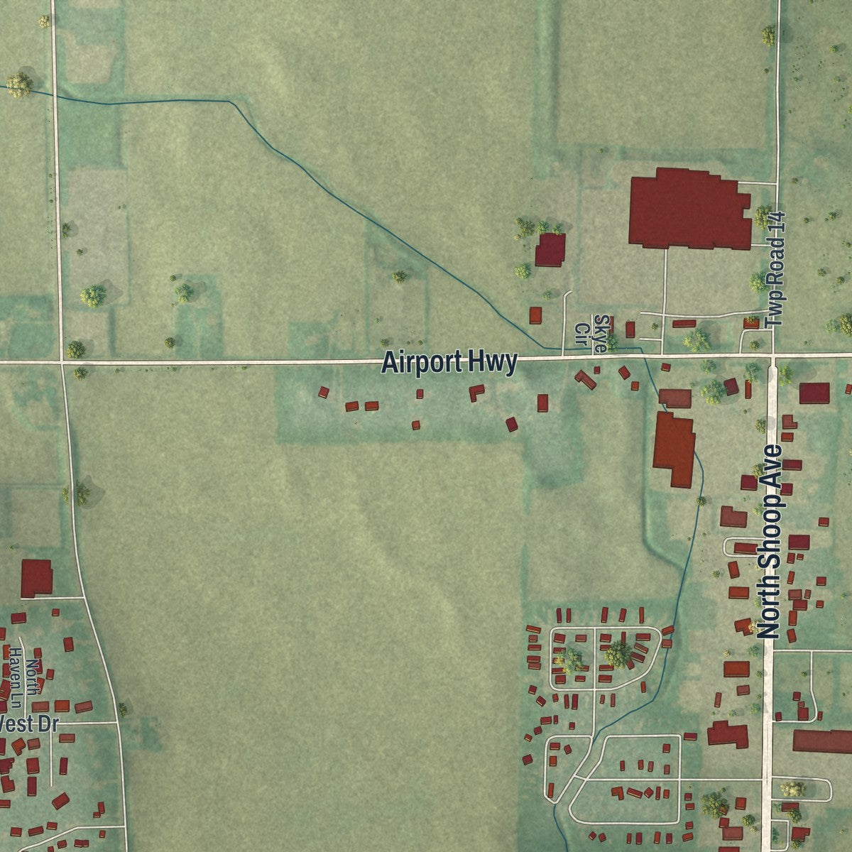 Second close-up of the map of Wauseon, Ohio print showing more streets and buildings