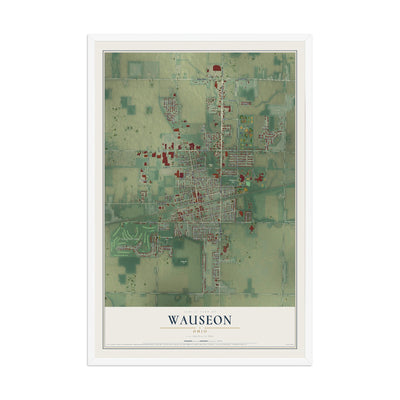 Map of Wauseon, Ohio, 12 x 18 inch print in a white wood frame