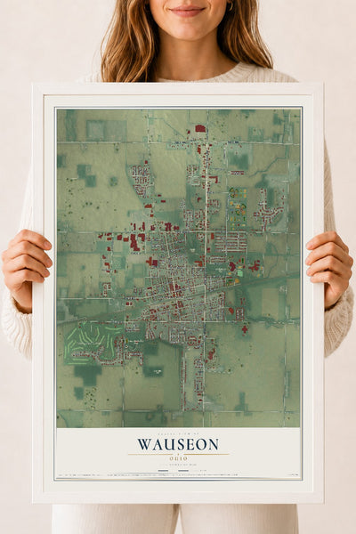 Map of Wauseon, Ohio, 18 x 24 inch print in a white wood frame