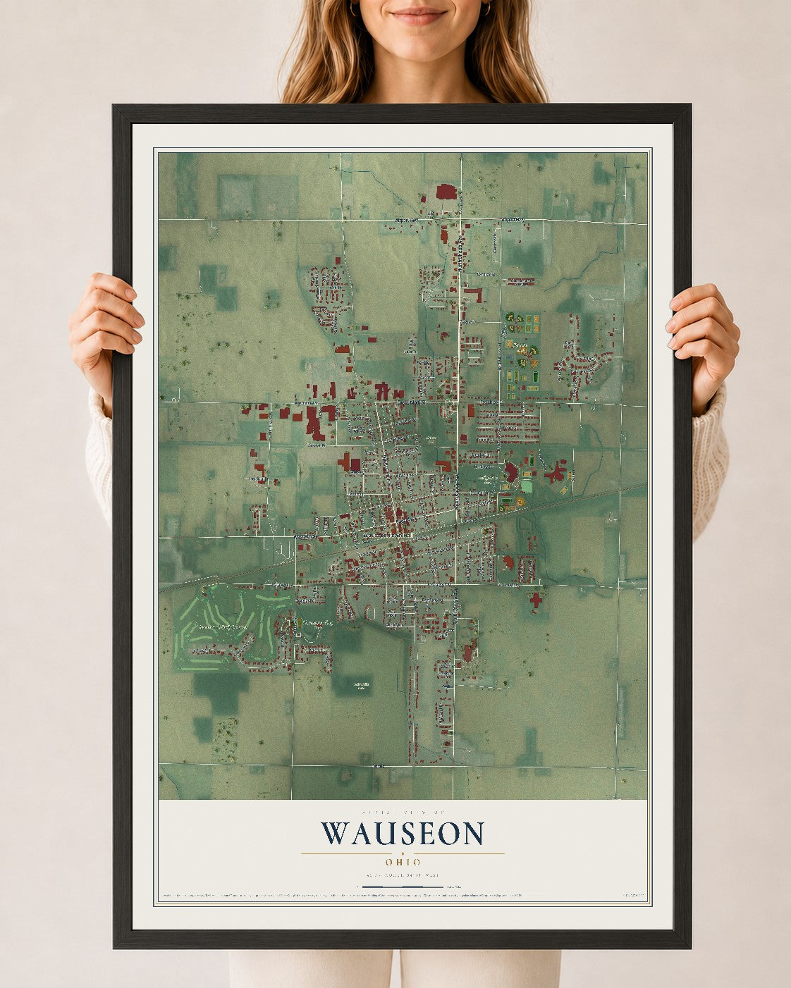 Map of Wauseon, Ohio, 24 x 36 inch print in a black wood frame