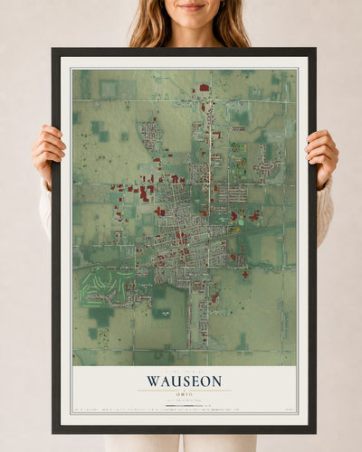 Map of Wauseon, Ohio, 24 x 36 inch print in a black wood frame