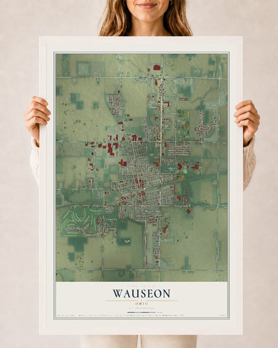 Map of Wauseon, Ohio, 24 x 36 inch print in a white wood frame