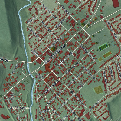 Close-up of the map of Waverly, Ohio print showing street and building detail