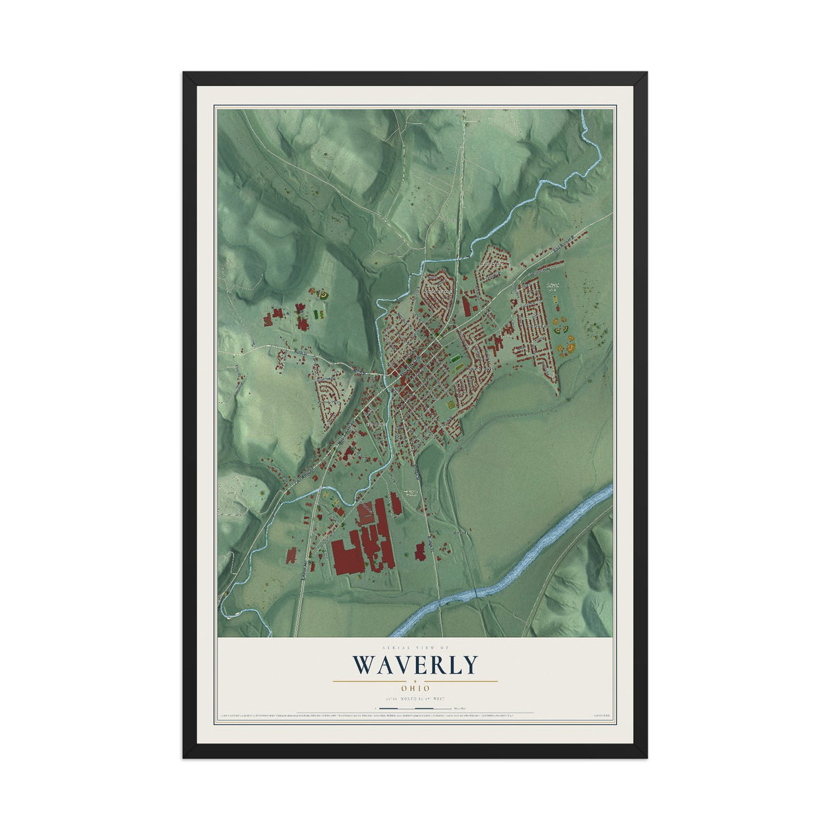 Map of Waverly, Ohio, 12 x 18 inch print in a black wood frame