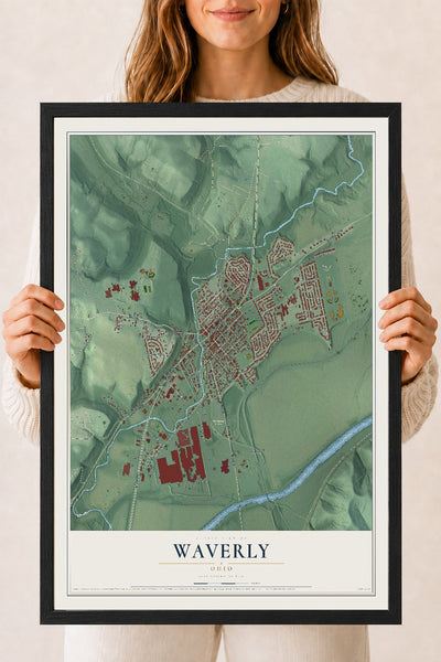 Map of Waverly, Ohio, 18 x 24 inch print in a black wood frame